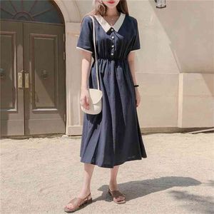 Plus size Summer Dress Girls Boho Party Female Vintage Blue buttons collar Short Sleeve Women es Long Robe Vestido 210423