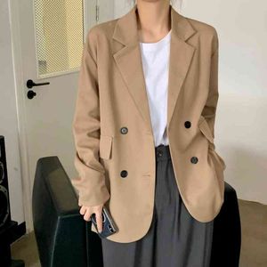 Office Ladies Turn-down Collar Double Breasted Solid Blazer Elegant Women Empire Slim Khaki Black 210423