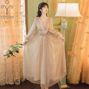 YOSIMI Summer Maxi Beige Long Women Dress Full Sleeve V-neck Evening Party Ankle-Length Lantern Empire Sequin 210604