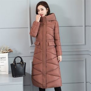 Coréia Moda Mulheres Slim Casaco Longo Plus Size Hooded Stand Collar Quente Algodão Parkas Inverno Grosso Jaqueta Damas D241 210512