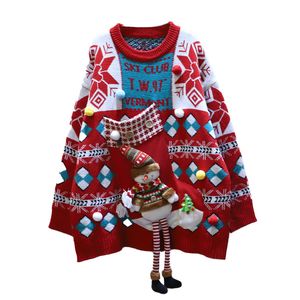 Kobiety Boże Narodzenie sweter Luźne Grube Pulowers Z Długim Rękawem Białe Red Aplikacje Snowman M0396 210514