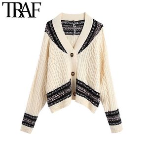 TRAF Women Fashion Oversized Jacquard Cable-Strict Sweater Vintage V Neck Långärmad Kvinnlig Pullovers Chic Toppar 210415