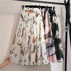 GIGOGOU printing Long A Line Skirt Women For Spring Summer High Waist Sun School Midi Chiffon Pleated 210629
