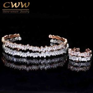Cwwzircons Fashion Rose Gold Color Baguette Cubic Zirconia Cuff Bracelet Bangle and Ring Sets Best Friend Jewelry Gift T170
