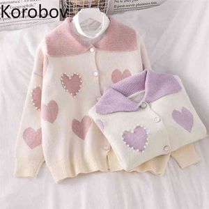 Korobov höst vinter koreanska kvinnor cardigans vintage mode långärmad peter pan krage outwear stickat toppar söt kawaii 210430