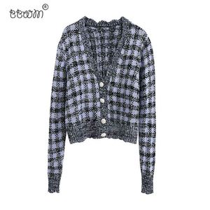 BBWM Damenmode Plaid Cropped Gestrickte Strickjacke Vintage Langarm Knicke-up Pullover Chic Oberbekleidung 210520