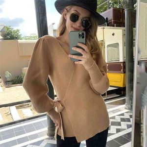 Lantern Sleeve Stickade Cardigans Kvinnor Höst Vinter Vintage Lace Up Sweater Office Casual Khaki Cardigan 210427