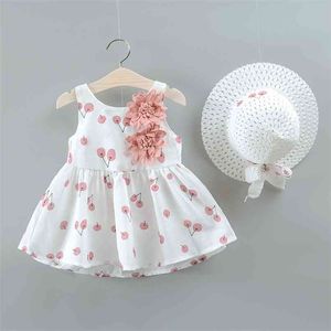 2-bitars baby / toddler frukt äpple körsbär allover blomma applique klänning och hatt set 210528