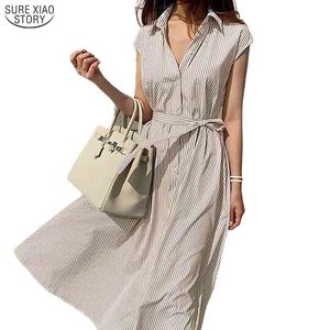 Summer Loose Lace Up Dresses Robe Femme Casual Sleeveless Blue Striped for Women Plus Size Long Shirt Dress 10389 210508