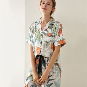 Lisacmvpelnel夏の印刷パジャマ女性シルクスーツ半袖ズボン緩いハイアーカイブ寝室210831