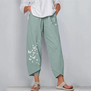 Mulheres Casual Borboleta Imprimir Largo Perna Pant Primavera Verão Verão Elástica Cintura Calças Feminino Solta Streetwear Plus Size Calças 210416