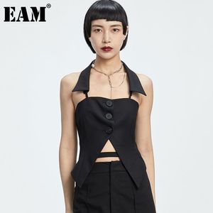 [EAM] Women Black Slit Halter Backless Slim Casual Tank Tops Sleeveless Personality Fashion Spring Summer 1DD7292 21512
