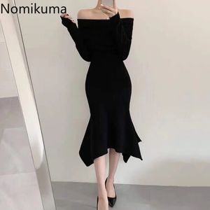 Nomikuma Slash Neck Sexy trägerlosen Pullover Kleid Langarm Slim Gestrickte Meerjungfrau Kleider Herbst Koreanische Frauen Vestidos 6C657 210427