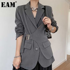 [EAM] Женщины серый нерегулярный большой размер Blazer отворота с длинным рукавом рыхлый подходящий пиджак мода весна осень 1dc042 211006