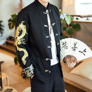 エスニック服刺繍ドラゴン男性ジャケット春秋コート長袖タンスーツ男性ジャケットスタンドカラーカジュアルトップ3xl xl