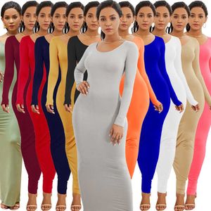 Colorato Manica Lunga O Collo Elastico Lungo Dr2021 Primavera Autunno Donna Solid Casual Elegante Abito Aderente Maxi Abiti Abiti X0529