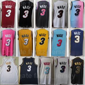 男性DWYANE WADEバスケットボールジャージー3刺繍とステッチチームカラーブラックレッドホワイトブルーイエロー通気性純綿用スポーツファンシャツトップクオリティ販売