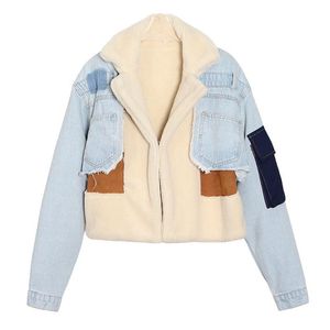 Kadın Ceketler Giyim Kuzu Yün Denim Patchwork Coat Siyah Mavi Kış Sıcak Yüksek Moda Streetwear Artı Boyutu XXL