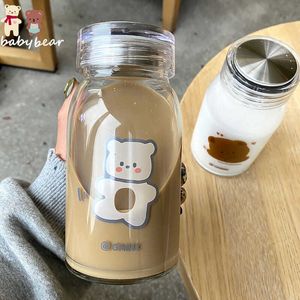 450ml Cartoon Bear Glass Water Bottle Thick Heat Resistance Drinking Bottles Cute Milk Coffee Tumblers for Student Girl Gift 210610