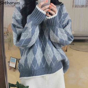 Pullovers Kvinnor Argyle Vintage Loose Långärmad Tröja Höst Vinter Casual Knitwear Koreansk stil Fashion Ins All-Match Jumper Y1110