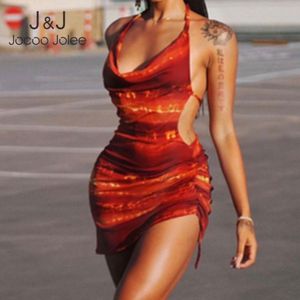 JOCoo Jolee Kobiety Lato Sexy Halter Hit Kolor Backless Drukarnie Shurring Mini Dress V-Neck Streetwear Party Club Low-Cut 210518