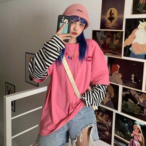 Korea ins Harajuku vintage striped fake two long-sleeved T-shirt female fashion loose O-neck casual 210608