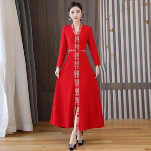 Women causal dress Spring Autumn clothing elegant Ethnic style costume Long sleeve Red embroidered Vintage Vietnam Ao Dai gown