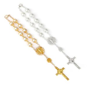 Weiße Perlen Anhänger Armband Charm Schmuck Männer Jesus Religiöse Rosenkranzarmbänder mit Kreuz Bangle Frauen Geschenke