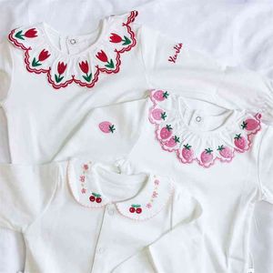 Lolita Little Girl Long Sleeve White Blouse Strawberry Cherry Embroidery Basic Tops Toddler Quality Blouses 210619