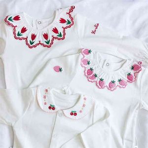 Lolita Little Girl Långärmad Vit Blus Strawberry Cherry Broderi Basic Tops Toddler Kvalitet Blusar 210619