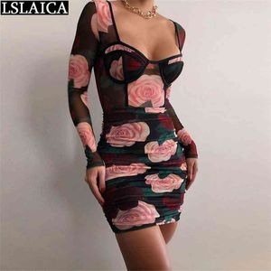 Seksowna sukienka dla seksu Night Skinny Club Casual Fashion Sales Es Women Mesh See przez Drukowanie Rose 210515