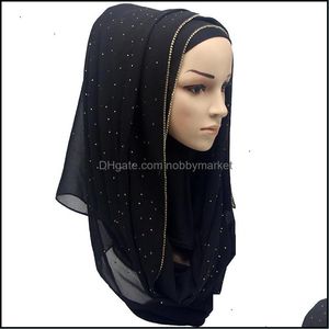 Lenços envolve chapéus, luvas moda aessories sólidos hijab cachecol cadeia de ouro muçulmano liso liso chiffon cristal xalhos headband longo gota de