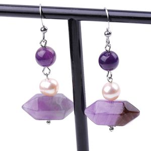 10 Pairs Hexagon Column Amethysts Stone Dangle Earrings for Women with Pearl Silver Plated Fashion Jewelry