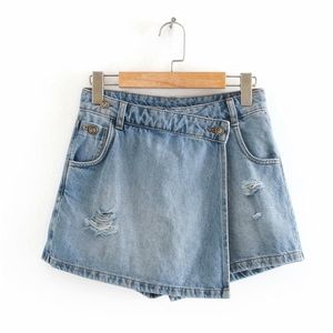 Mulheres bolsos vintage buraco quebrado shorts de lazer saias senhoras casuais slim zipper shorts chic pantalone cortos p810 210420