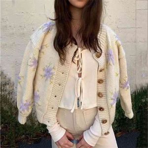floral embriodery cardigan women autumn winter knitted casual chic sweater s vintage french 210427