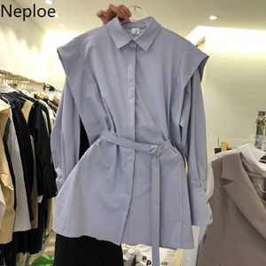 Neploe Spring Fake Två Piece Blus Kvinnor Lace-up Solid Färg Skjortor Koreanska Temperament Blusas Slim Fit Fashion Långärmad Tops 210422
