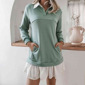 Höst Ruffles Straight Dress Winter Color Matching Pocket Button Sweatshirt Långärmad Casual Klänning Klänningar för Kvinnor 210514