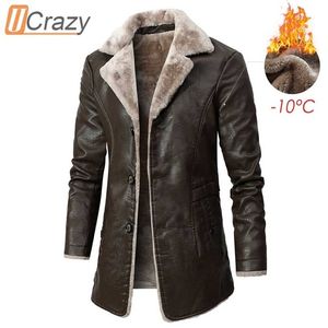 Ucrazy Men Winter Casual Long Thick Fleece Leather Jacket Parkas Men Outfit Warm Vintage Pocket Faux Leather Jacket Coat Men 211124