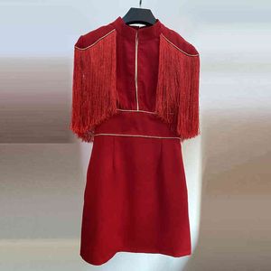 Venda High Street St Runway Runway Vestidos Mulheres Sexy Backless Red Tassel Ombro Mini Vestido 210521