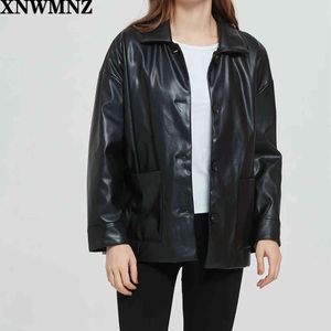 Za Women Fashion Faux Leather Button-up Loose Jacket Coat Vintage Long Sleeve Pockets Female Outerwear Chic Tops High quality 210510