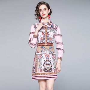 Summer Sweet Patchwork Flower Print long sleeve Shirt + Skirt fashion Women 2 Piece Sets 210531