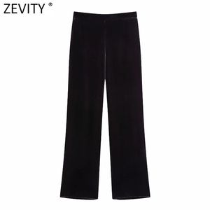 Kvinnor Vintage Solid Färg Velvet Straight Pants Kvinna Chic Elastiska Midja Fickor Casual Slim Lång Byxor P987 210420