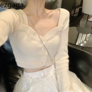 Ezgaga Zweiteiliges Set Frauen Crop Tops Herbst Zarte Strickpullover Strickjacke und Mesh Y2k Röcke Solide Elegante Sexy Damen Outfits 210430