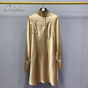 Autumn Elegant Women Satin Party Long Sleeve Sexy Split Gold Silk Short Dress 210415
