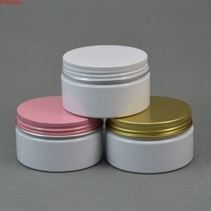 50 pz/lotto 100 ml di Plastica Bianca Vaso Cosmetico Bottiglia di Siero Oro Rosa Tappo In Alluminio 3.5 oz Riutilizzabile Crema Per Le Mani Custodia In Metallo coperchio qty