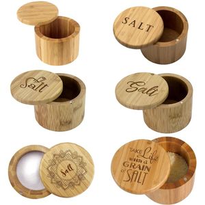 Bamboo Salt Storage Box with Magnetic Swivel Lid Salt Permanently Engraved on Lids Herb Spice Seasoning Container Kitchen Tools