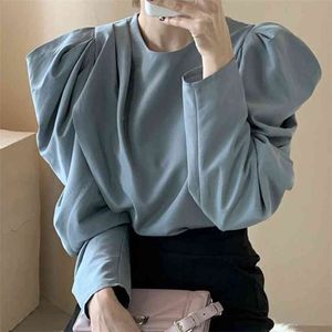 Korea Chic Autumn All-Mecz Haze Blue Round Neck Wrinkle Design Powrót Single-Breasted Rękaw Sąba Kobiet GX1274 210507