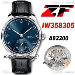 ZF 358305 Cal A82200 Automatic Mens Watch 41mm Steel Case Blue Dial Silver Number Markers Black Leather Strap Super Edition Watches 2021 Puretime N103c3