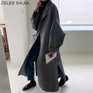 Chic Gray Long Coat Woman Autumn and Winter Turn-down Neck Jacket Korean Keep Warm Loose Blends Clothing Fall 211022