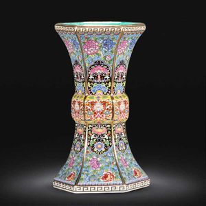 Enamel Qianlong Год Цин Dinasty Golden Hexagonal Vase Античный фарфоровой Коллекция античных фарфора 210623